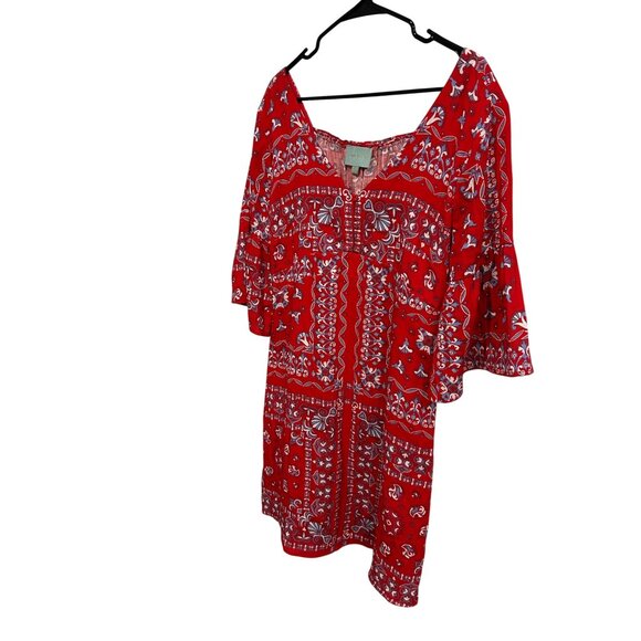 Skies are Blue Red Blue Boho Floral Print Dress Bell Sleeves Size Large - Picture 3 of 10